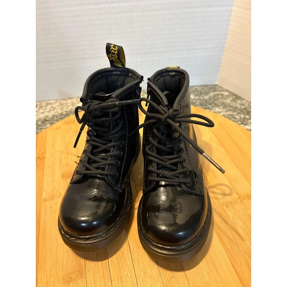Kids Dr Martens Black Patent Leather Lace Up‎ Zipper Boots Size 9